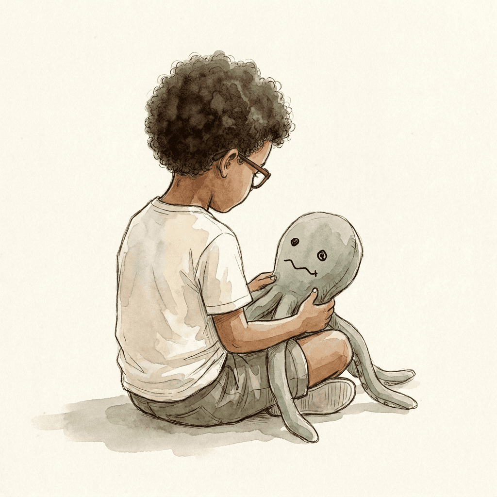 Kai sits on the floor holding Oscar, his plush octopus.