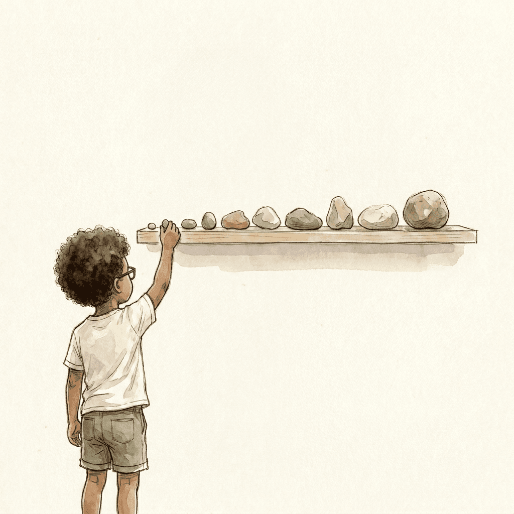 Kai carefully adjusts a rock on a shelf holding an ordered row of small rocks.