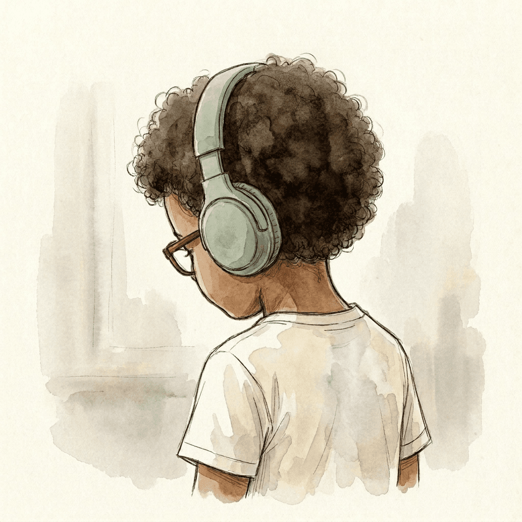 Kai stands wearing over-ear headphones, a soft halo of calm around his head.