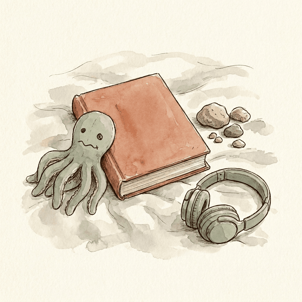 A terracotta book at the center of a soft tableau, Oscar leaning against it, rocks to one side, headphones to the other.