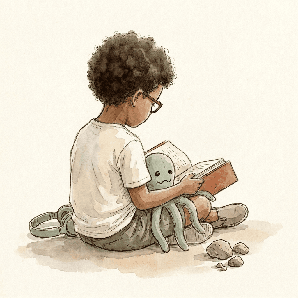 Kai sits cross-legged with Oscar in his lap, an open book in his hands, headphones folded beside him.