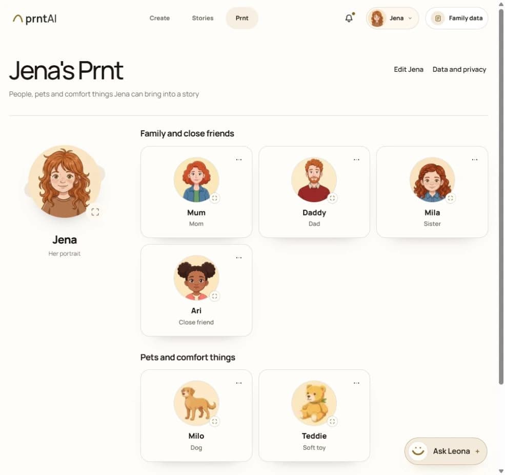 Jena’s illustrated profile, familiar people, Milo and Teddie in prntAI