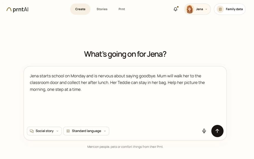 An unsent first-day-at-school prompt for Jena in the prntAI Create screen