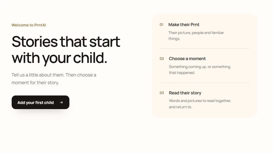 The first-child onboarding screen in prntAI