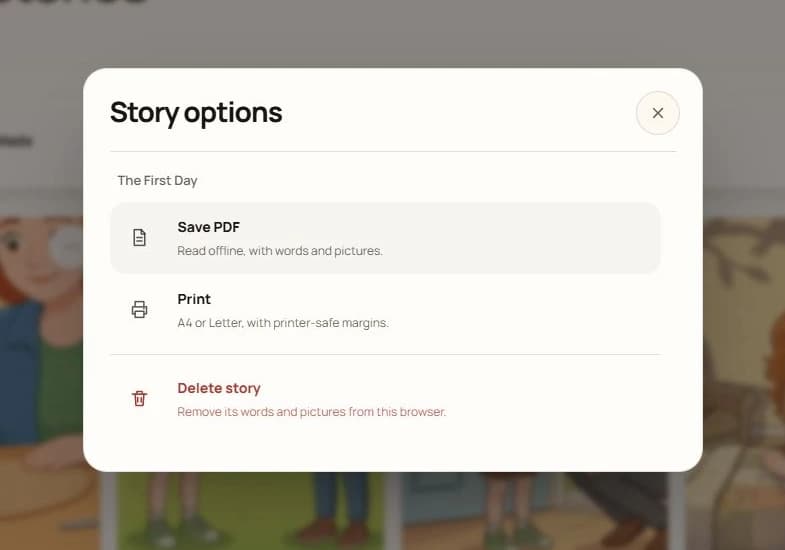 The First Day’s real Save PDF and Print controls in prntAI