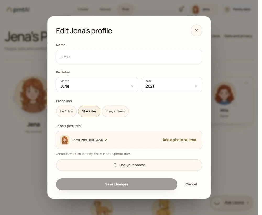 Jena’s profile in prntAI, showing her name, birthday and illustration