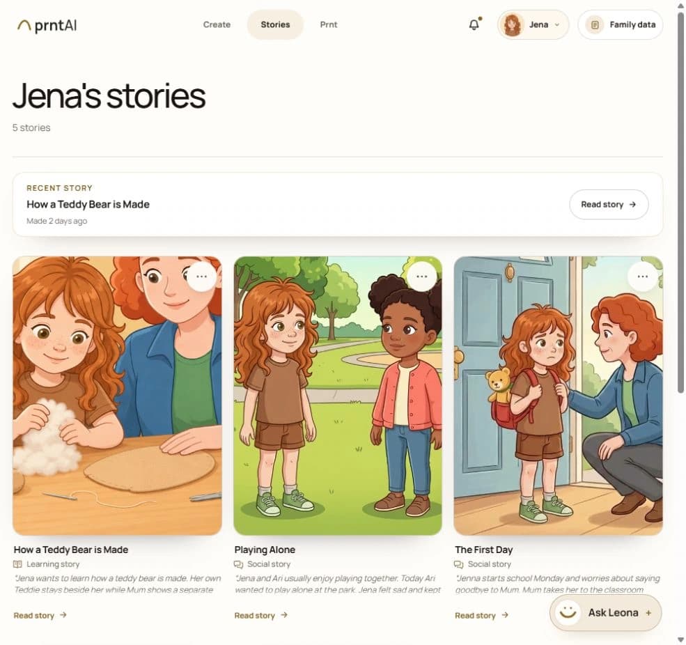 Jena’s saved teddy-making, playing-alone and first-day stories
