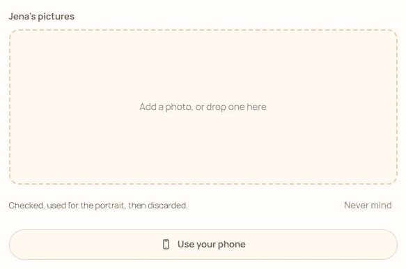 Jena’s actual photo controls in prntAI: Add a photo, drop one here, or use your phone