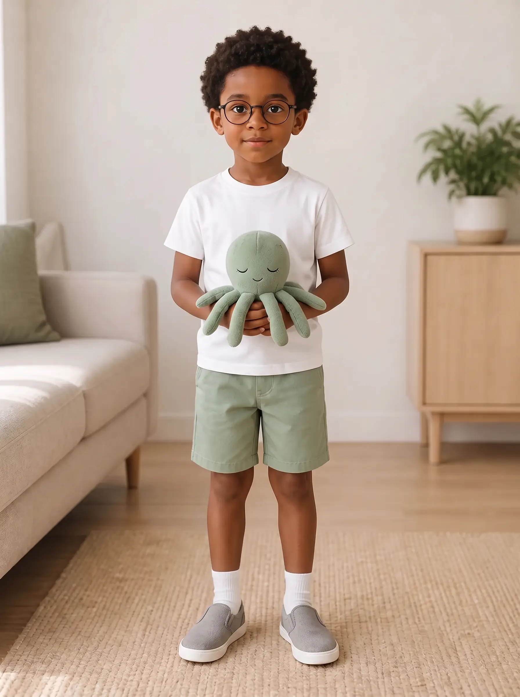 Fictional source portrait of Kai holding Oscar, his sage-green octopus