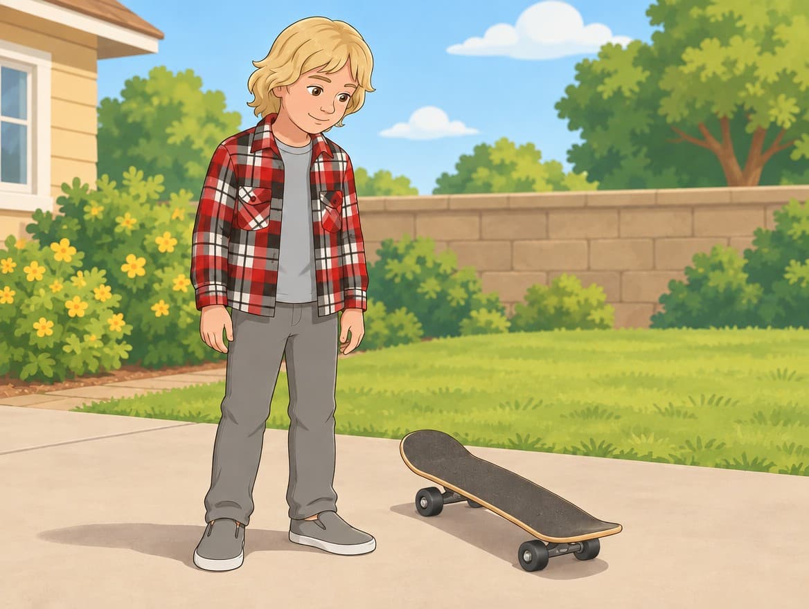 Dan stands beside his skateboard with dark wheels. Prepared cover using the reviewed closing-page artwork.