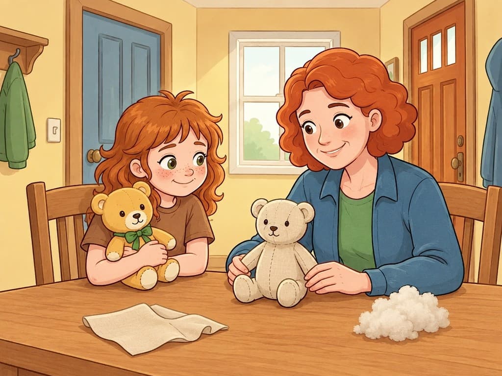 Jena holds Teddie beside the new bear Mum has made.