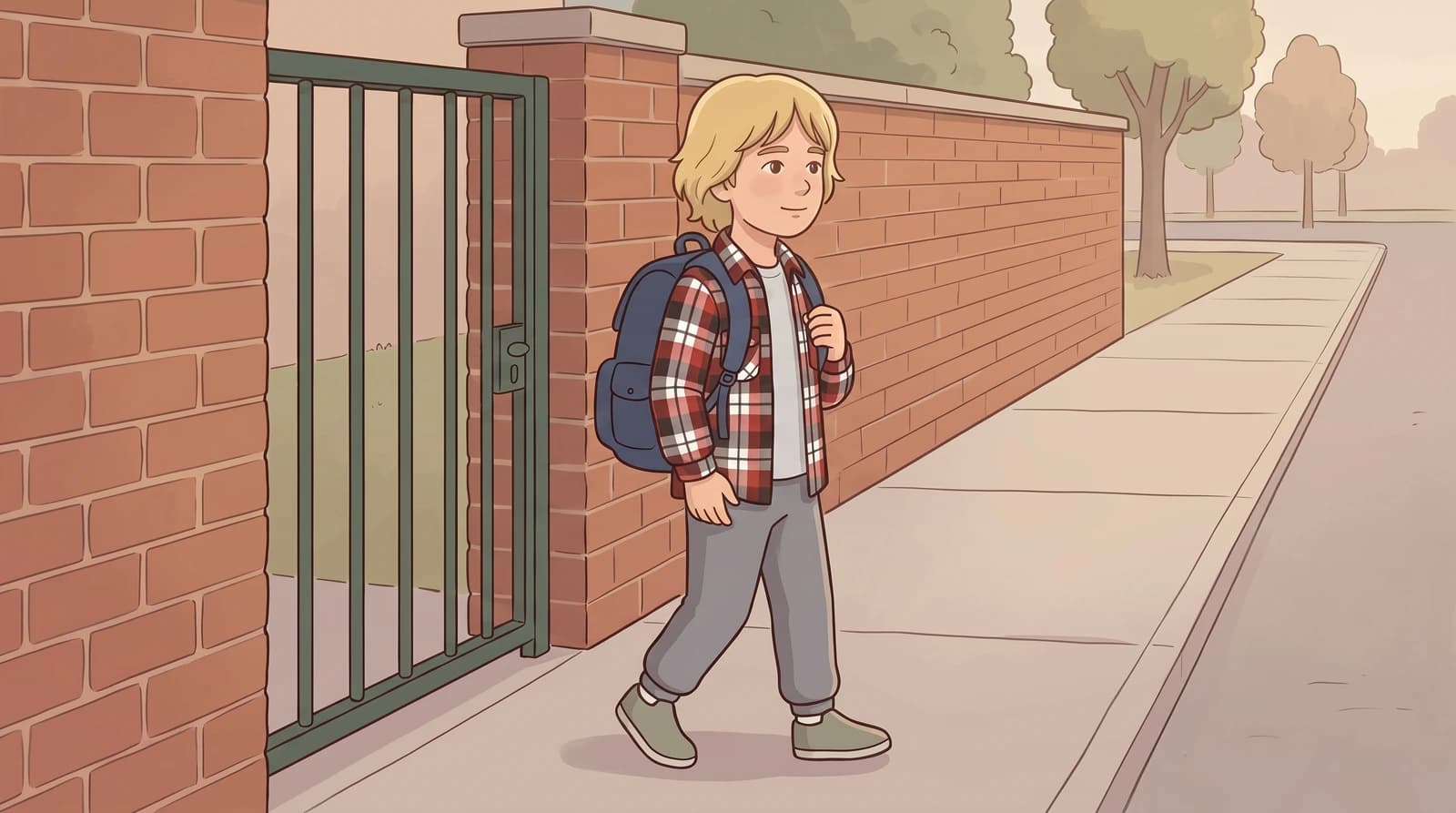 Dan leaves the school gate wearing his navy backpack, with his hands free.