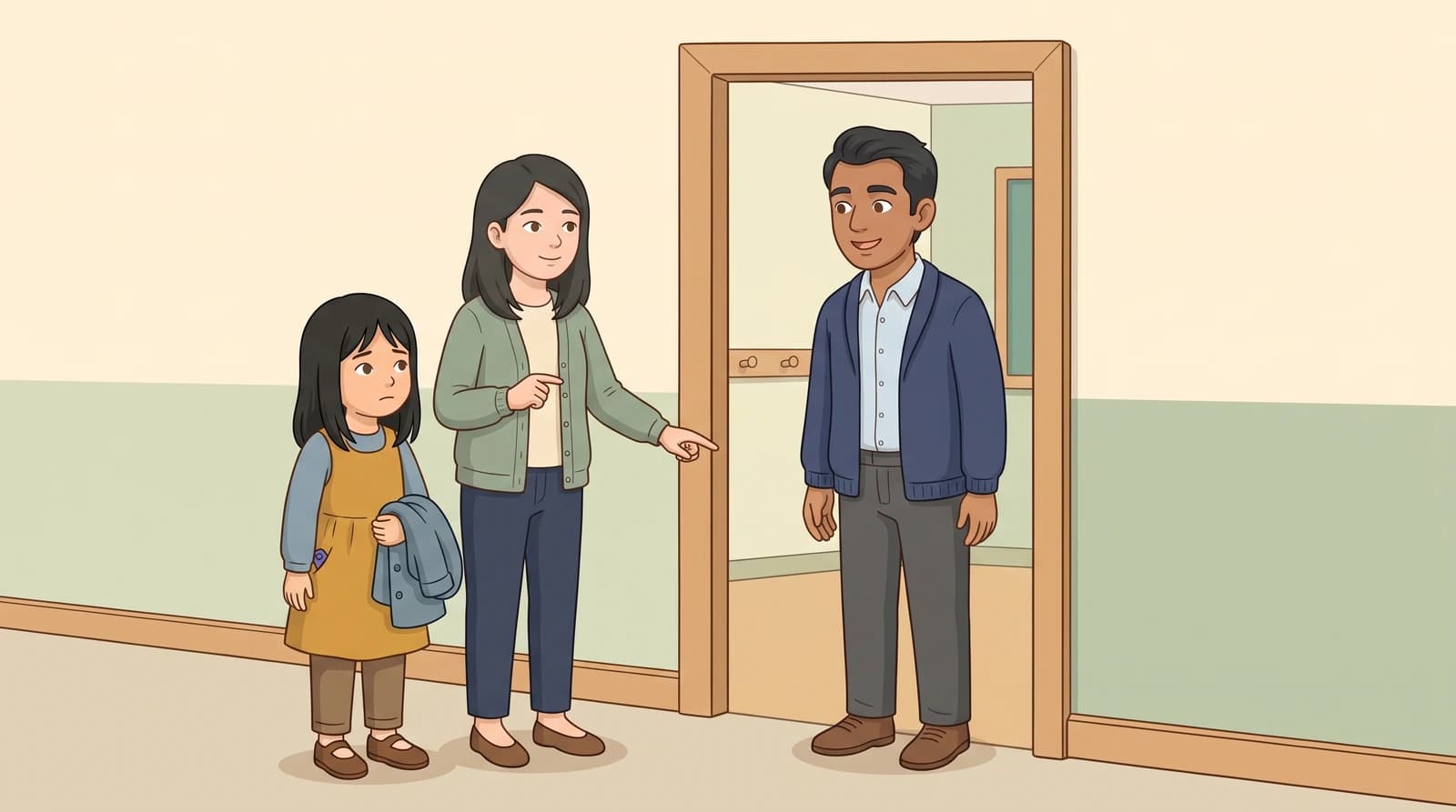Hana carries her muted-blue coat beside Mum as Mr Patel welcomes them at the classroom door.