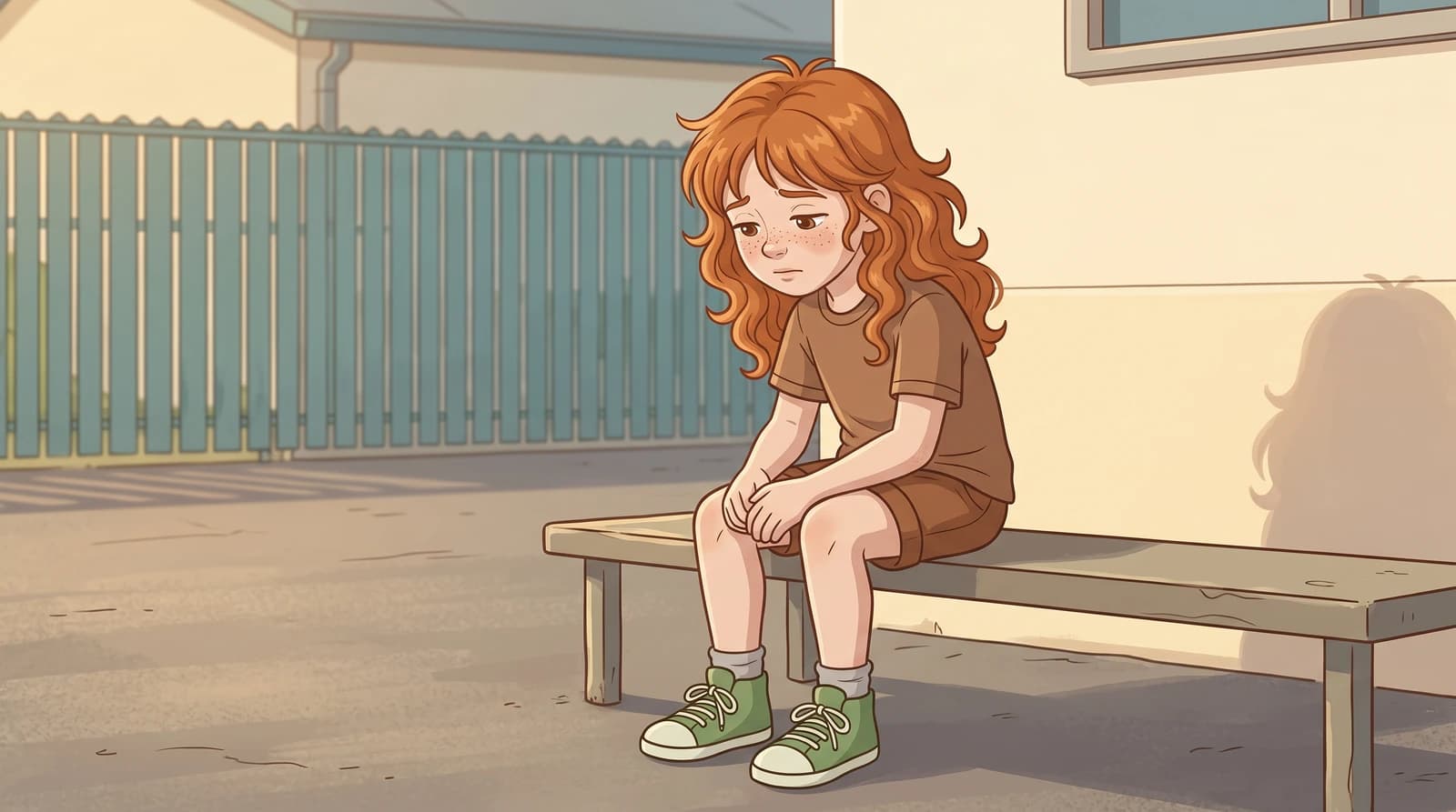 Jena sits alone on a playground bench, looking down, with her green sneakers on.