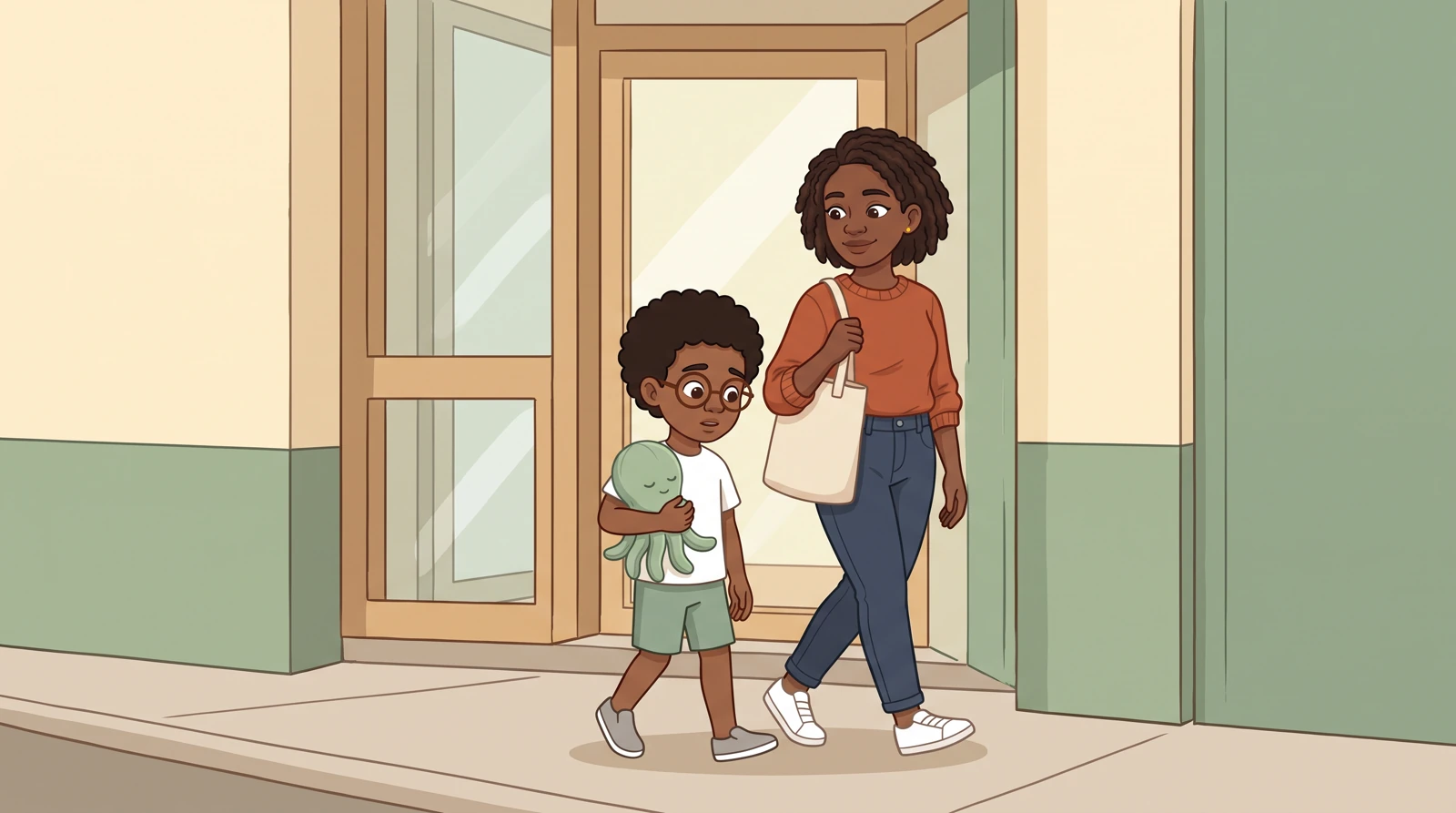 Kai walks beside Mum at the dentist, holding Oscar, his sage-green octopus.