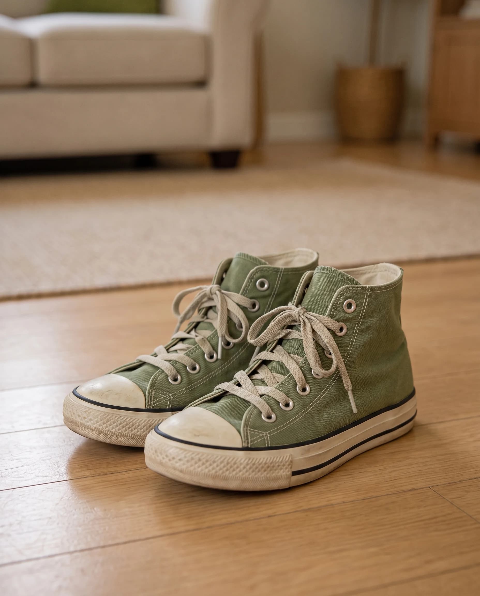A pair of Jena's familiar green sneakers on the floor