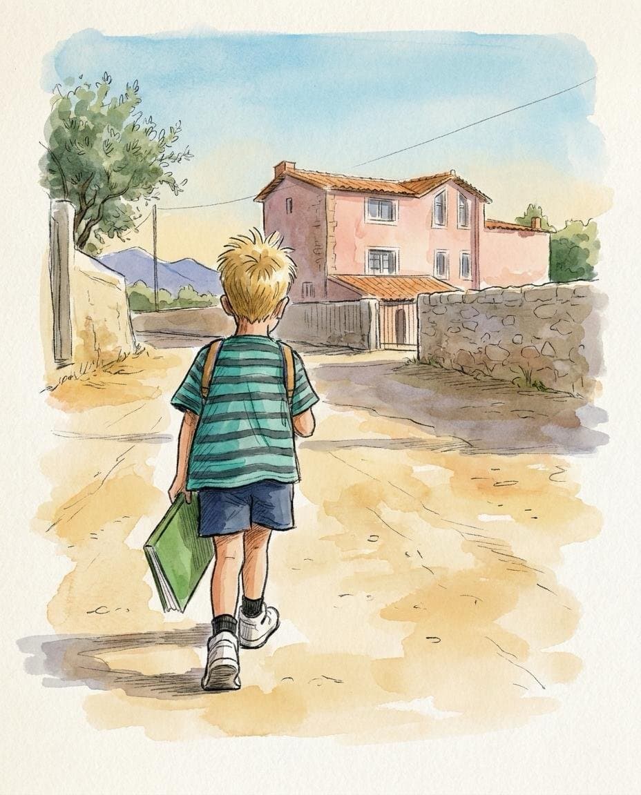 Daniel walking home through the village, carrying his book.