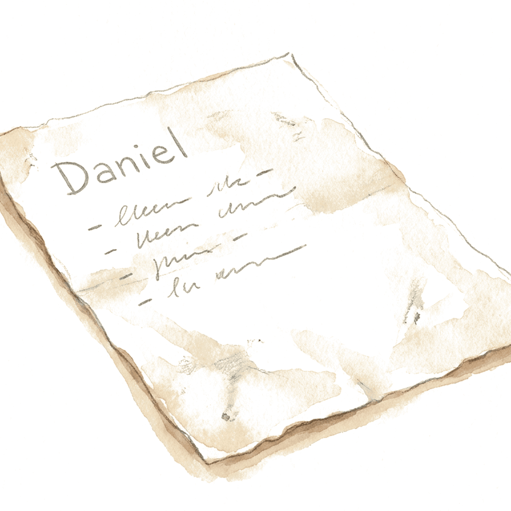 A paper note with a child's name written at the top and a few handwritten lines beneath it.