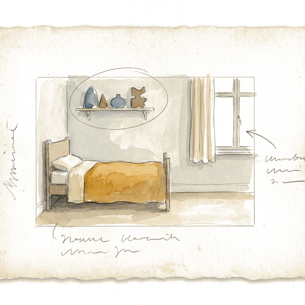 A bedroom drawn in watercolor, with a yellow-blanketed bed, a curtained window, and a shelf of small objects. Annotation lines run around the margins.