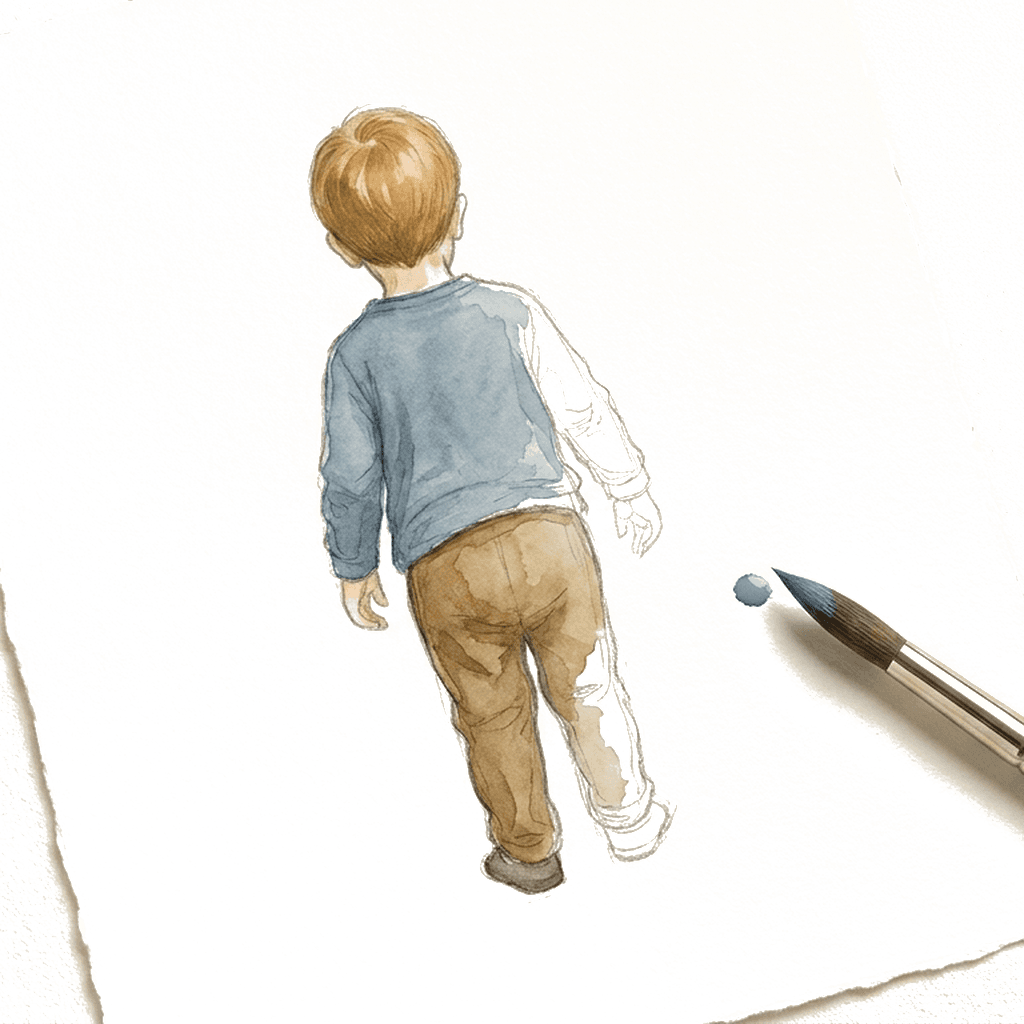 A child seen from behind walking across a page, with a pencil beside and a faint outline of the same figure lingering to one side.