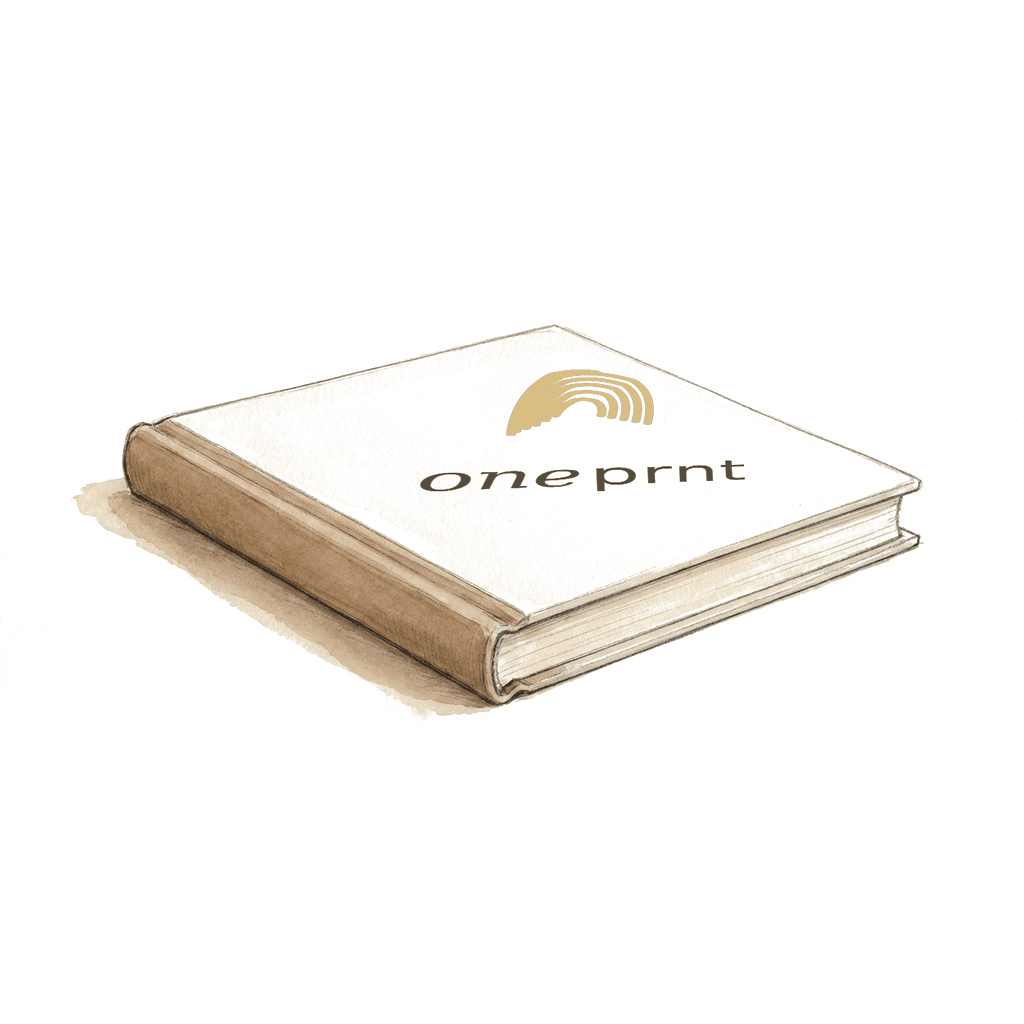 A closed hardcover book with the oneprnt wordmark and logomark on the cover.