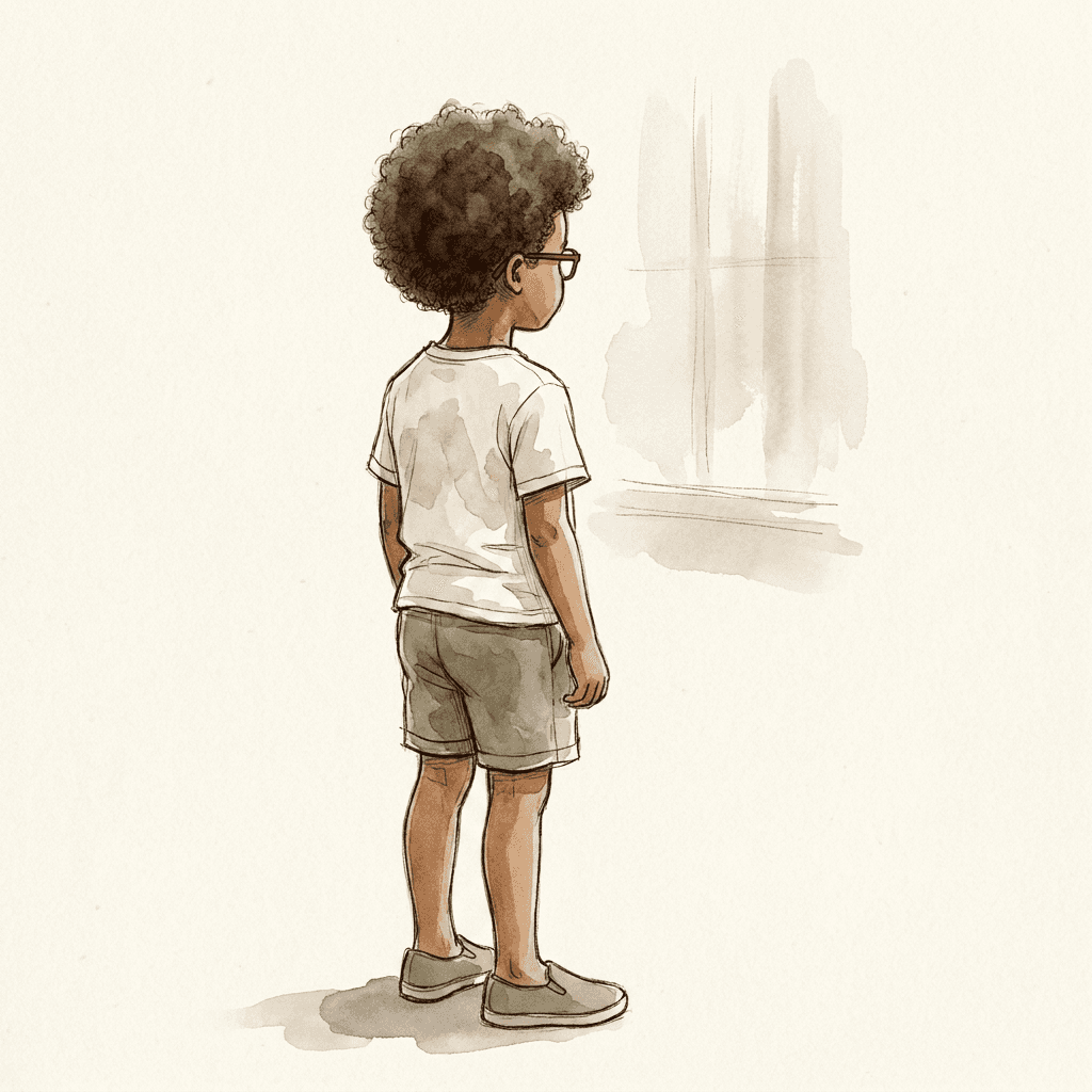 Kai stands still in a quiet room, window light behind him, curly hair hiding his face.